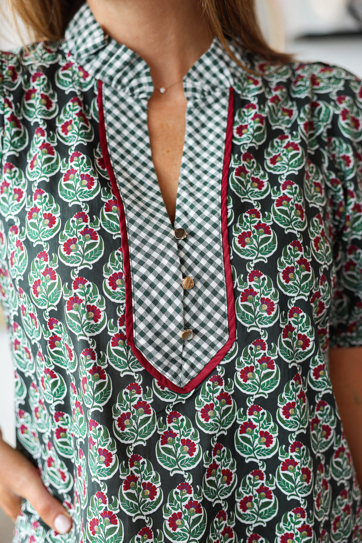 Gingham Contrast Printed Top - Dark Green