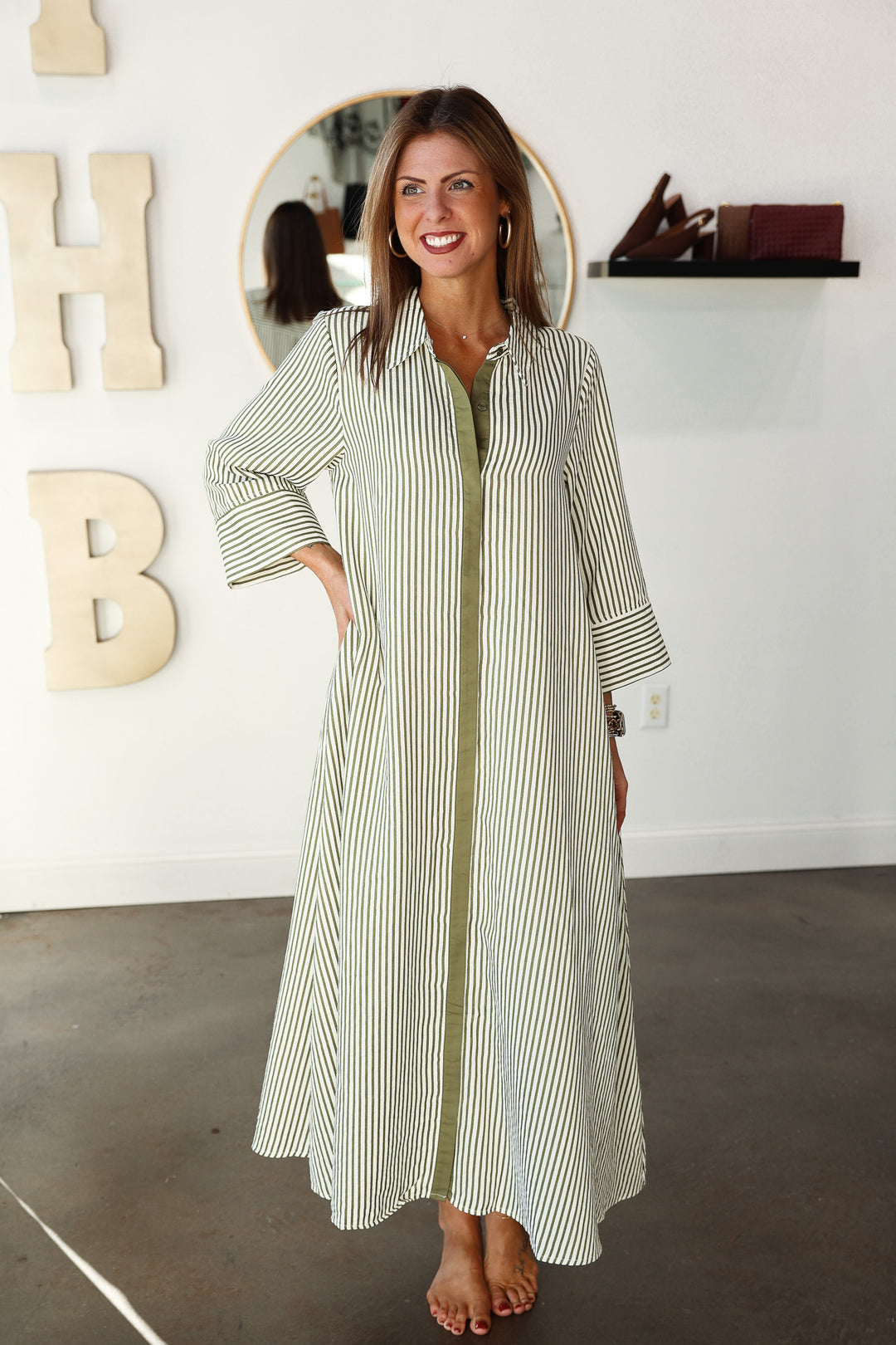 Contrast Front Striped Maxi Dress - Olive