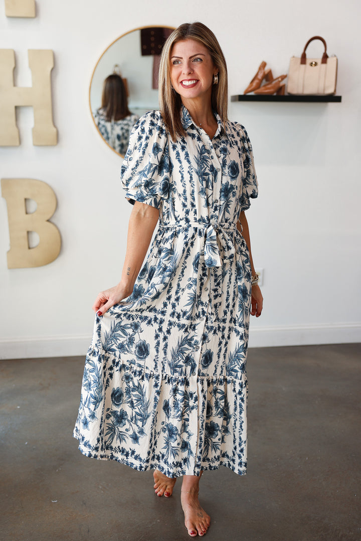 Button Front Floral Maxi Dress - Navy