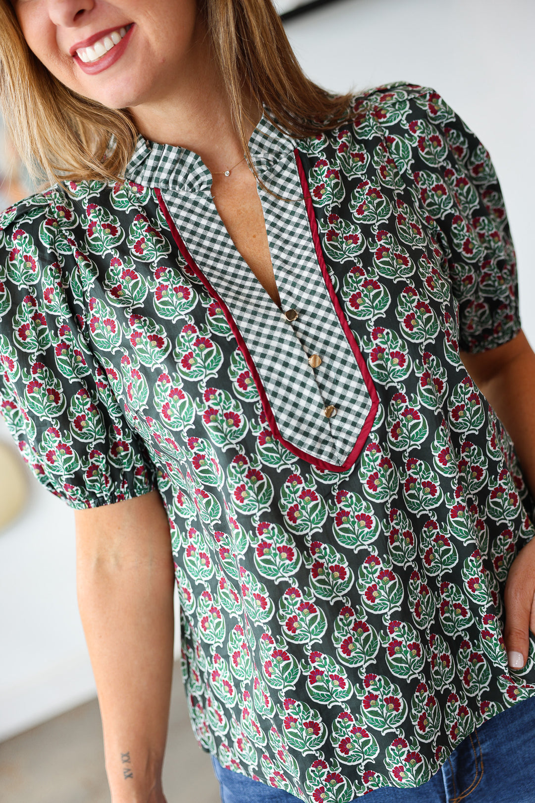Gingham Contrast Printed Top - Dark Green