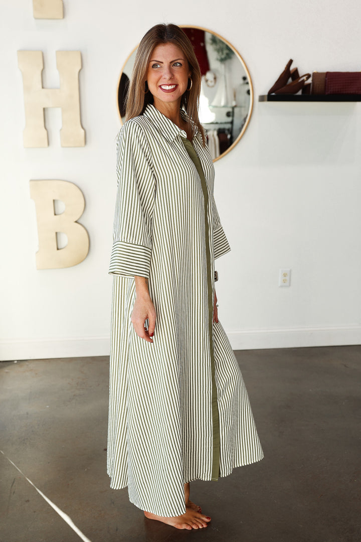 Contrast Front Striped Maxi Dress - Olive