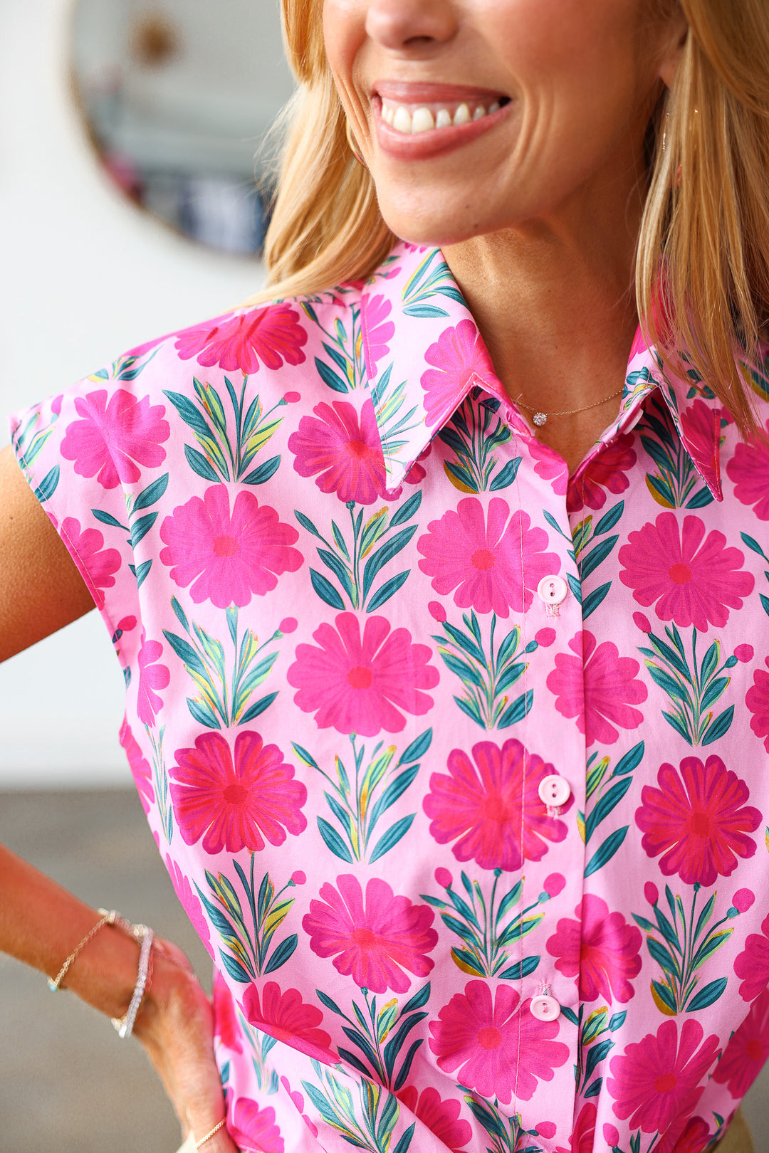 Tie Front Floral Top - Pink