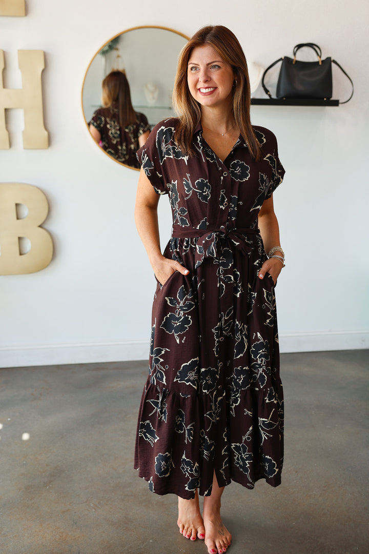 Tie Waist Printed Dress - Brown