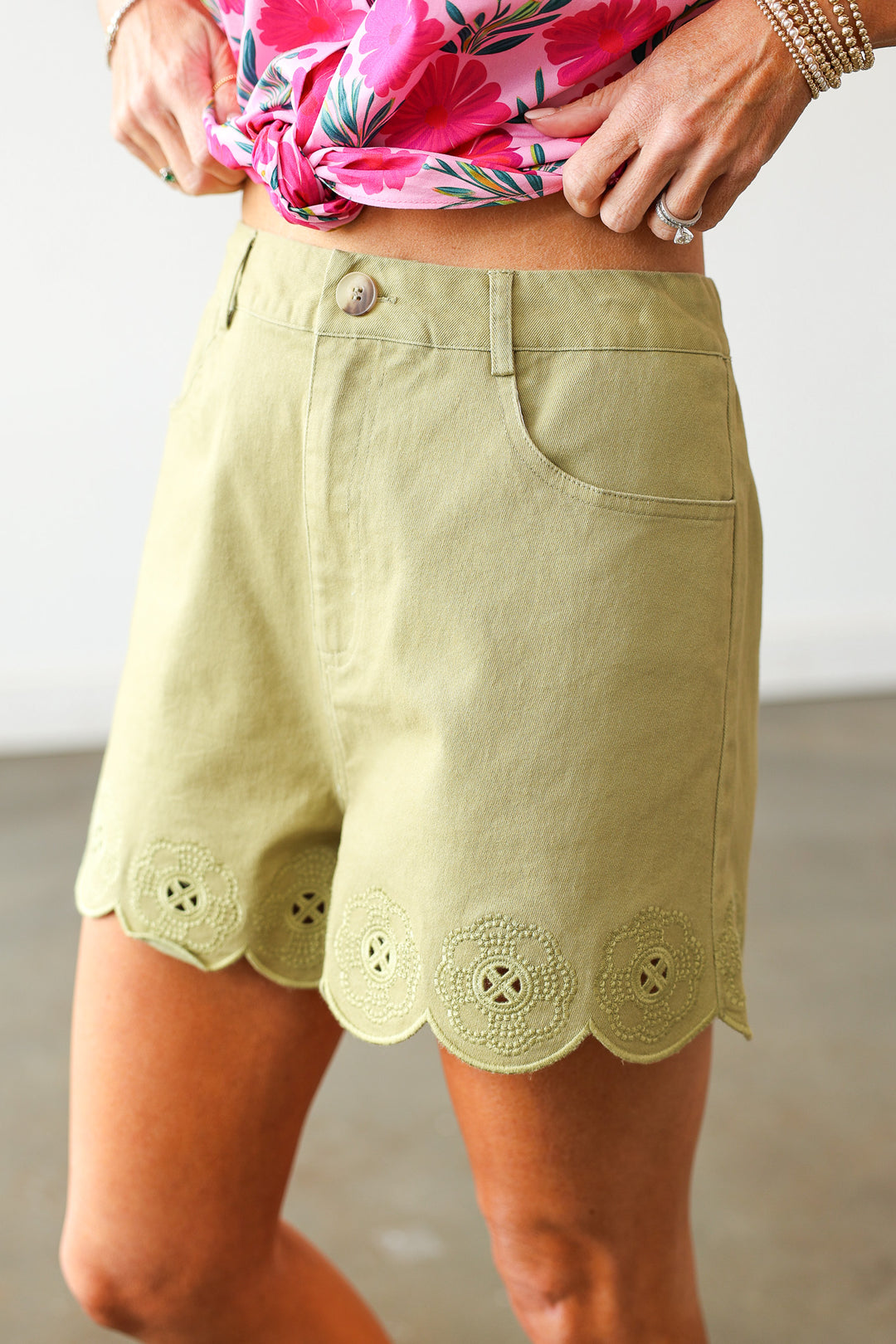 Eyelet Hem Denim Shorts - Olive