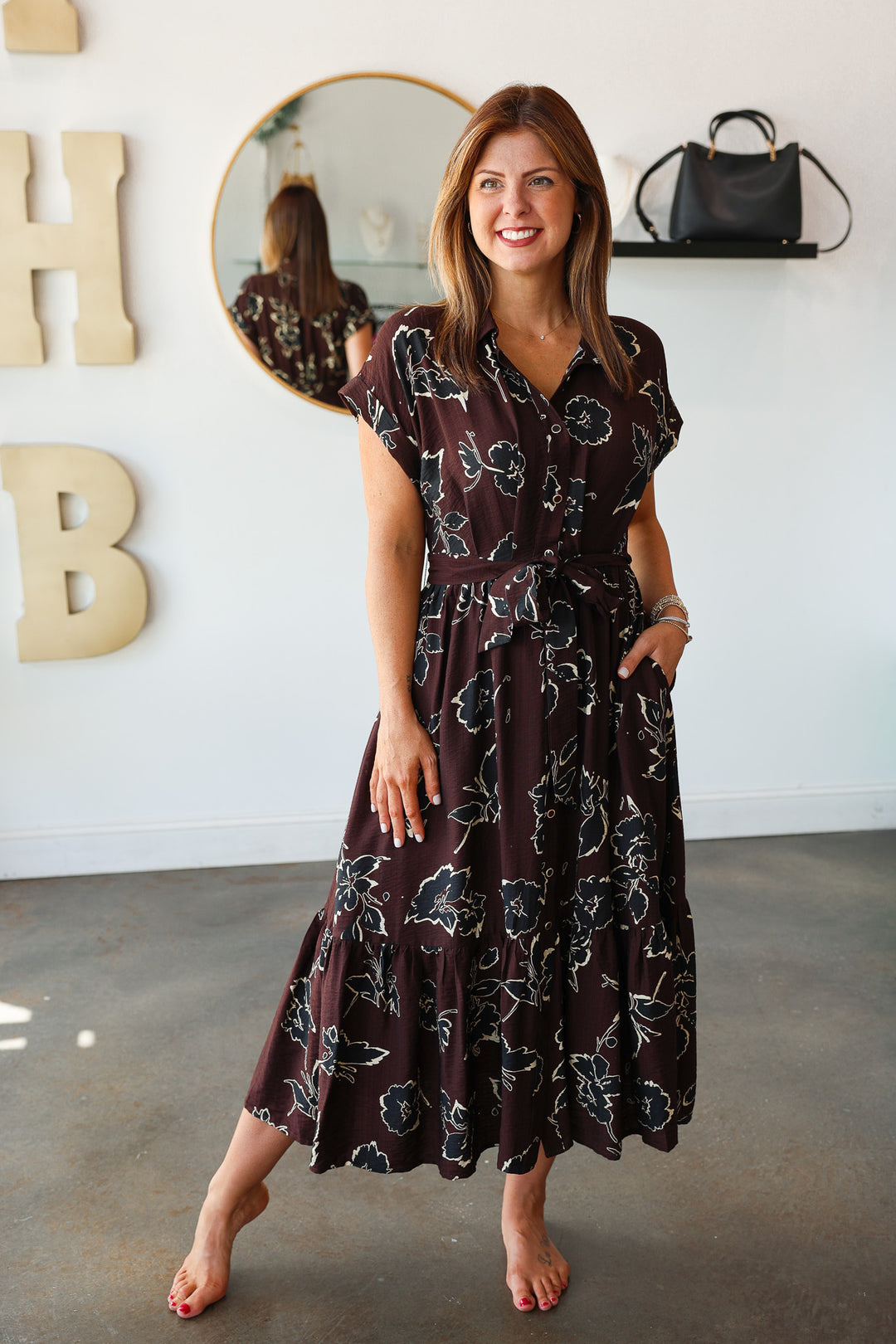 Tie Waist Printed Dress - Brown