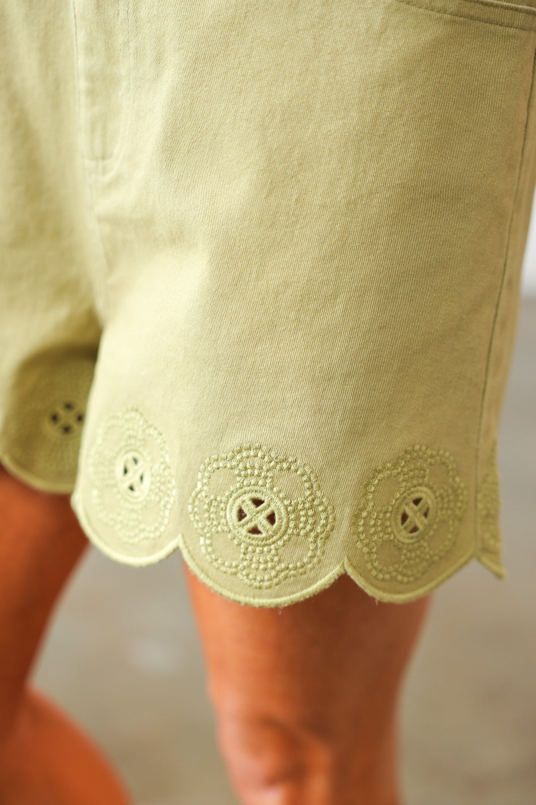 Eyelet Hem Denim Shorts - Olive