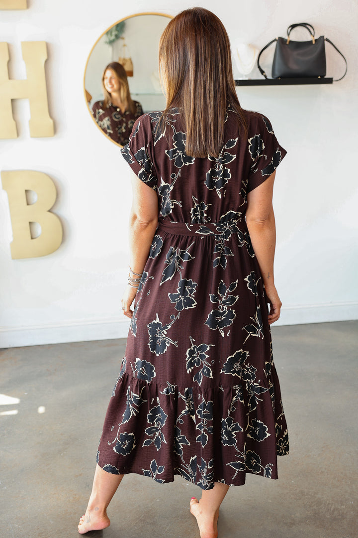 Tie Waist Printed Dress - Brown