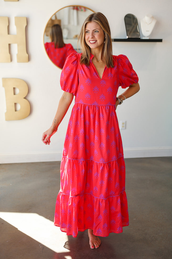 Printed Tiered Maxi Dress - Red