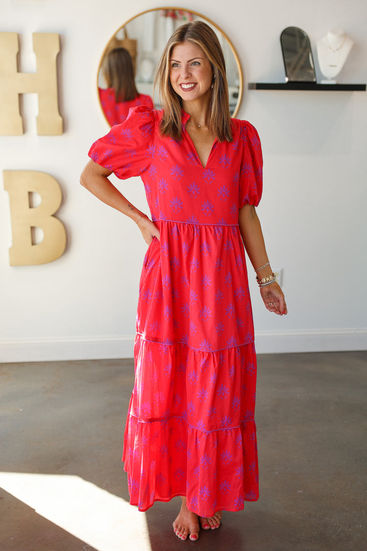 Printed Tiered Maxi Dress - Red