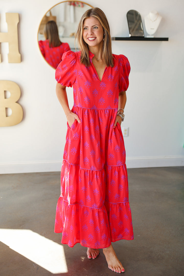 Printed Tiered Maxi Dress - Red