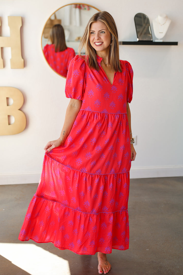 Printed Tiered Maxi Dress - Red