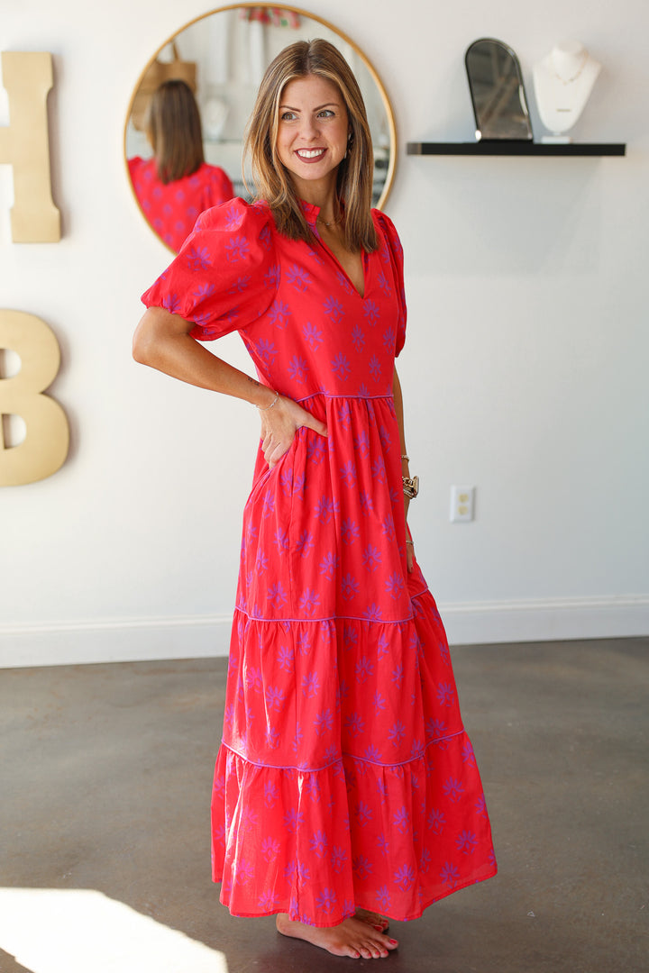 Printed Tiered Maxi Dress - Red