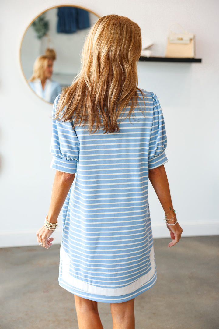 Contrast Collar Striped Dress - Blue