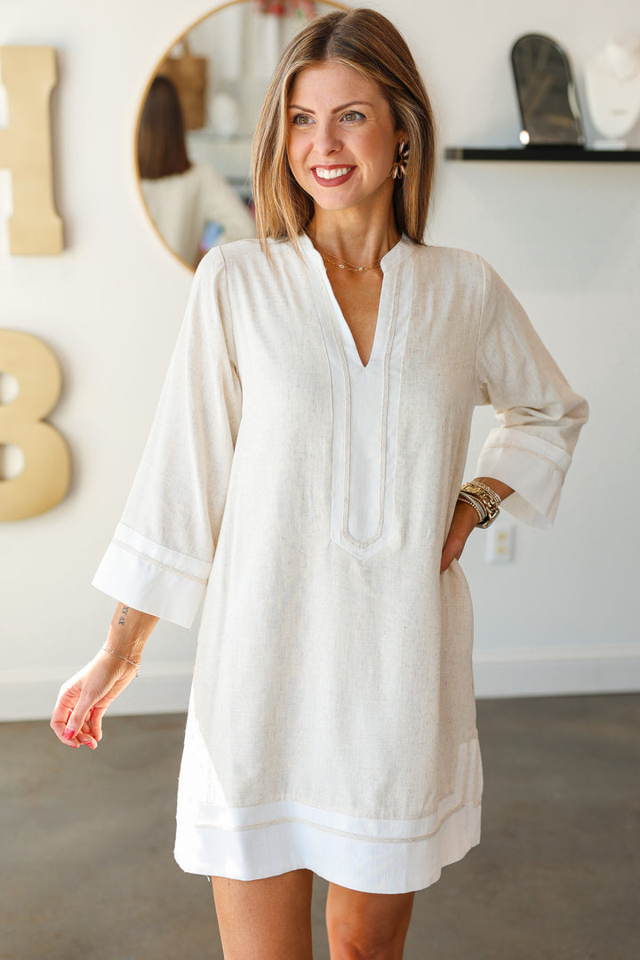 White Trim Linen Shift Dress - Natural