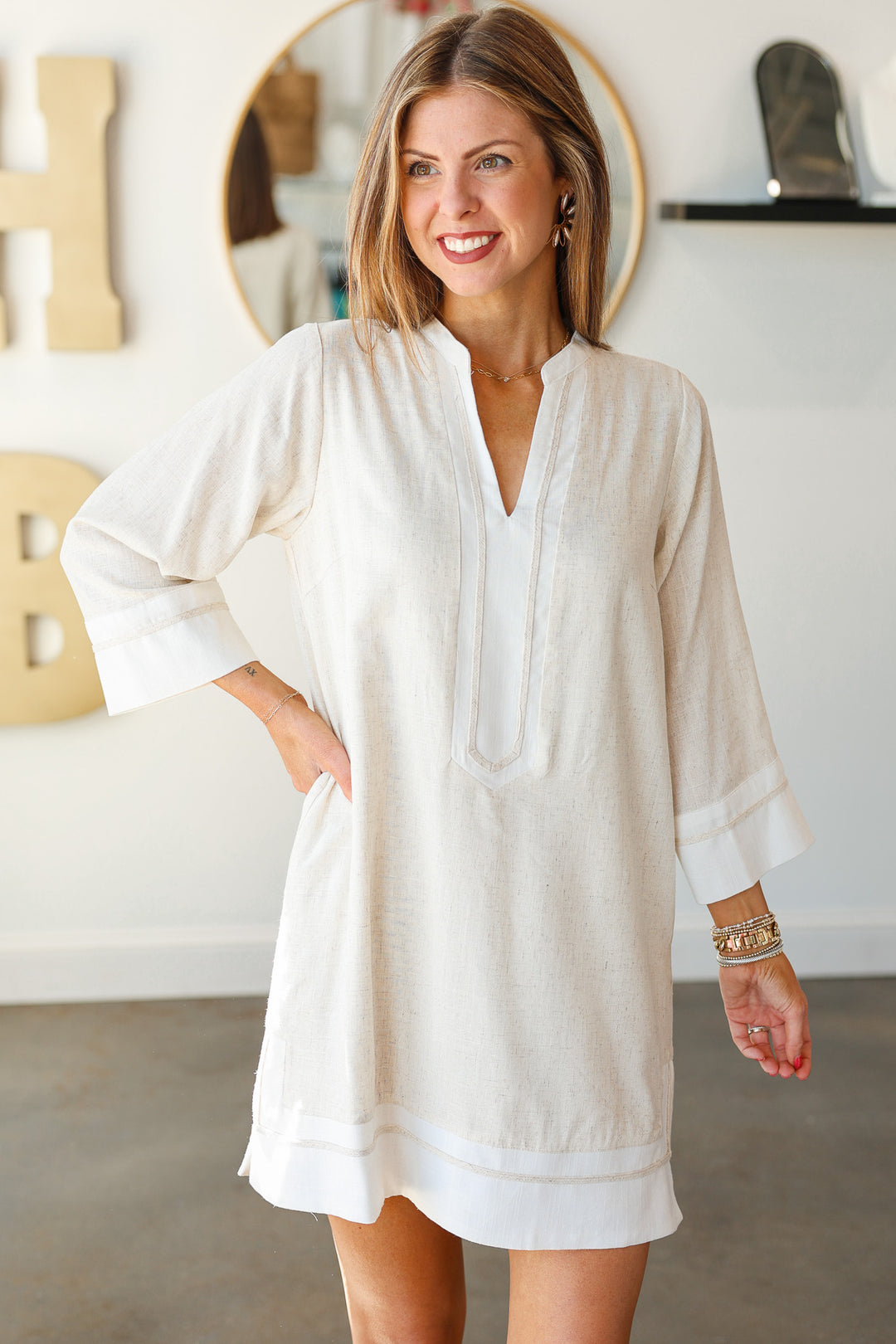 White Trim Linen Shift Dress - Natural