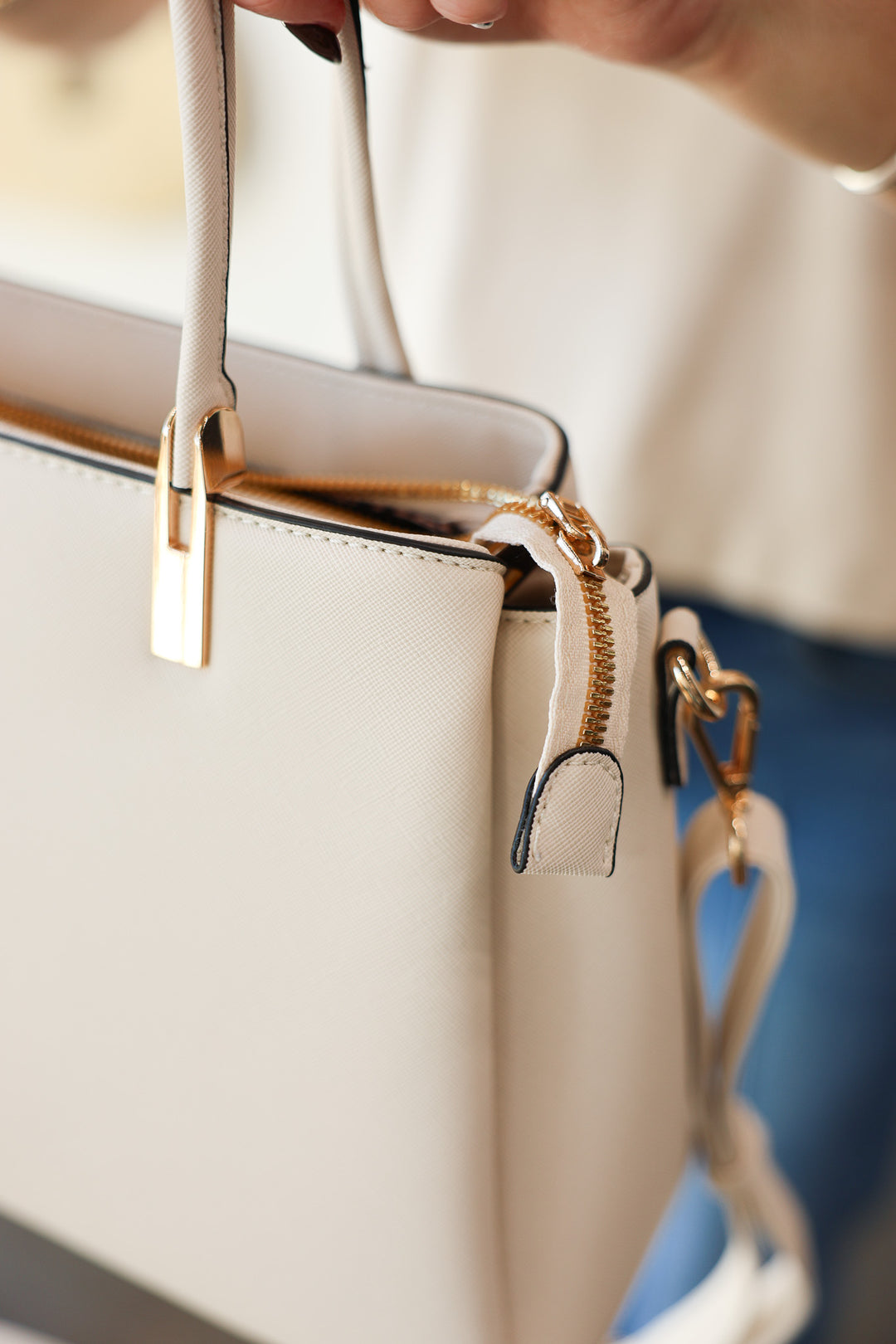 Three Compartment Crossbody Bag - Beige