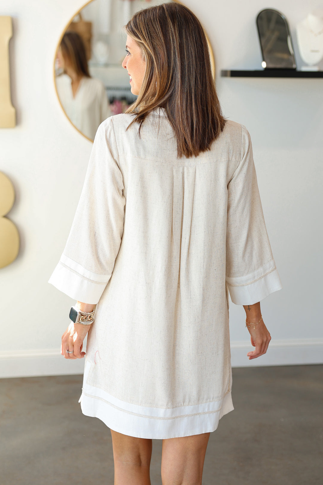 White Trim Linen Shift Dress - Natural