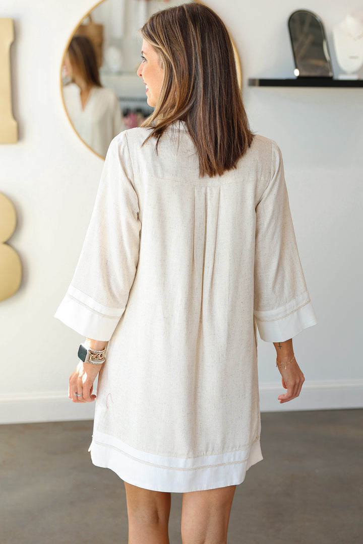 White Trim Linen Shift Dress - Natural