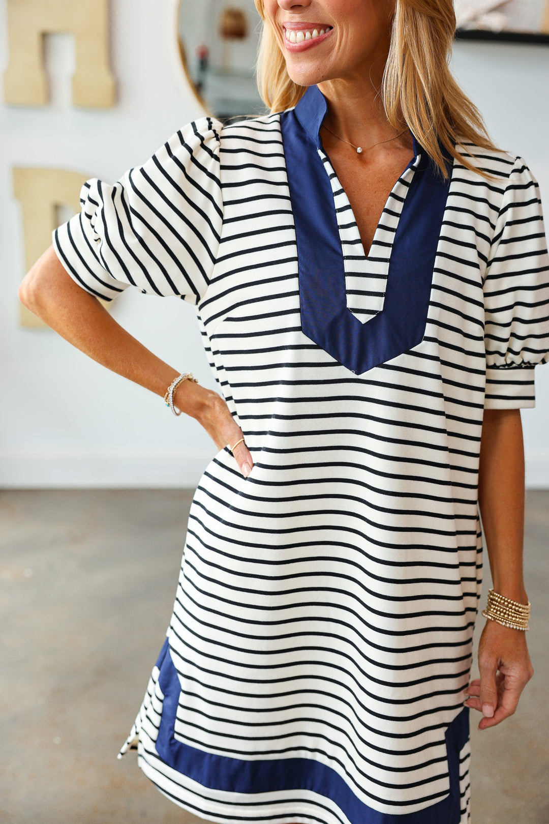 Contrast Collar Striped Dress - Navy