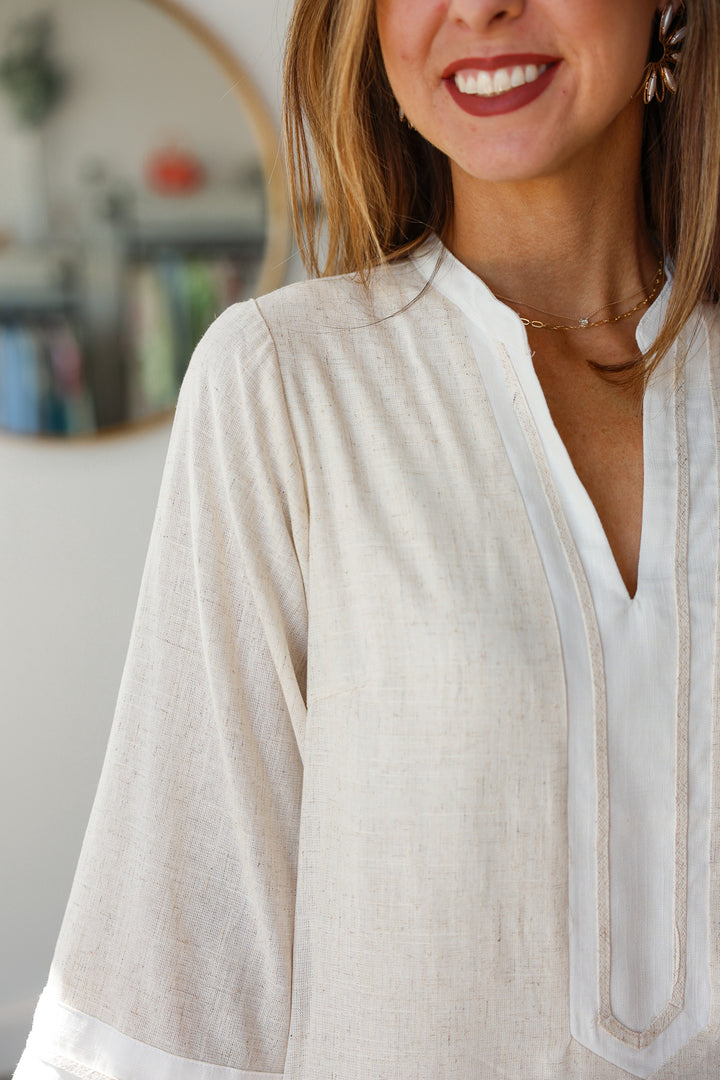 White Trim Linen Shift Dress - Natural