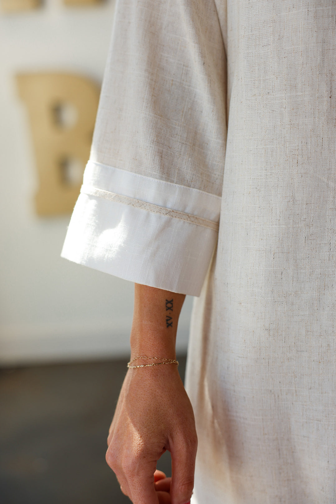White Trim Linen Shift Dress - Natural