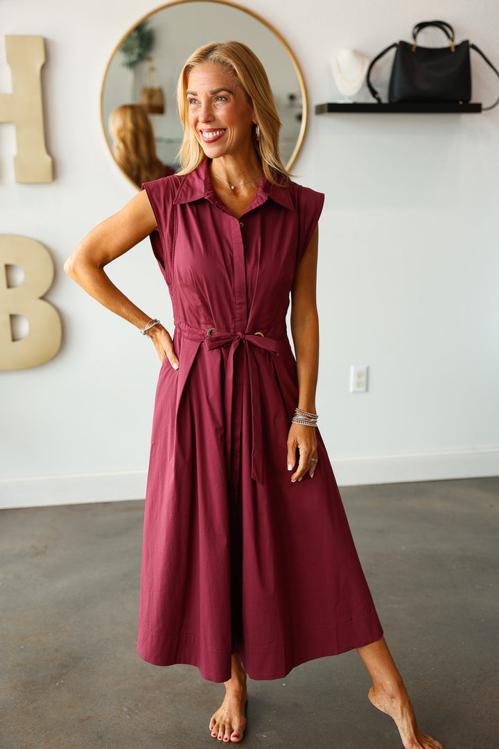 Tie Waist Pleated Dress - Wine