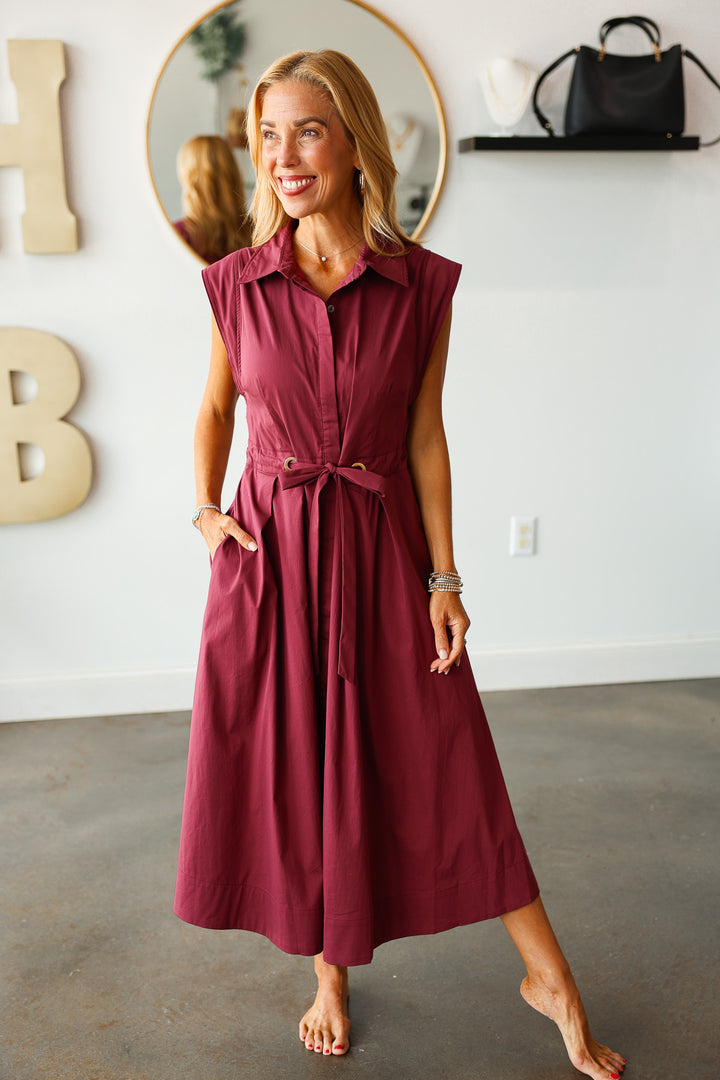 Tie Waist Pleated Dress - Wine