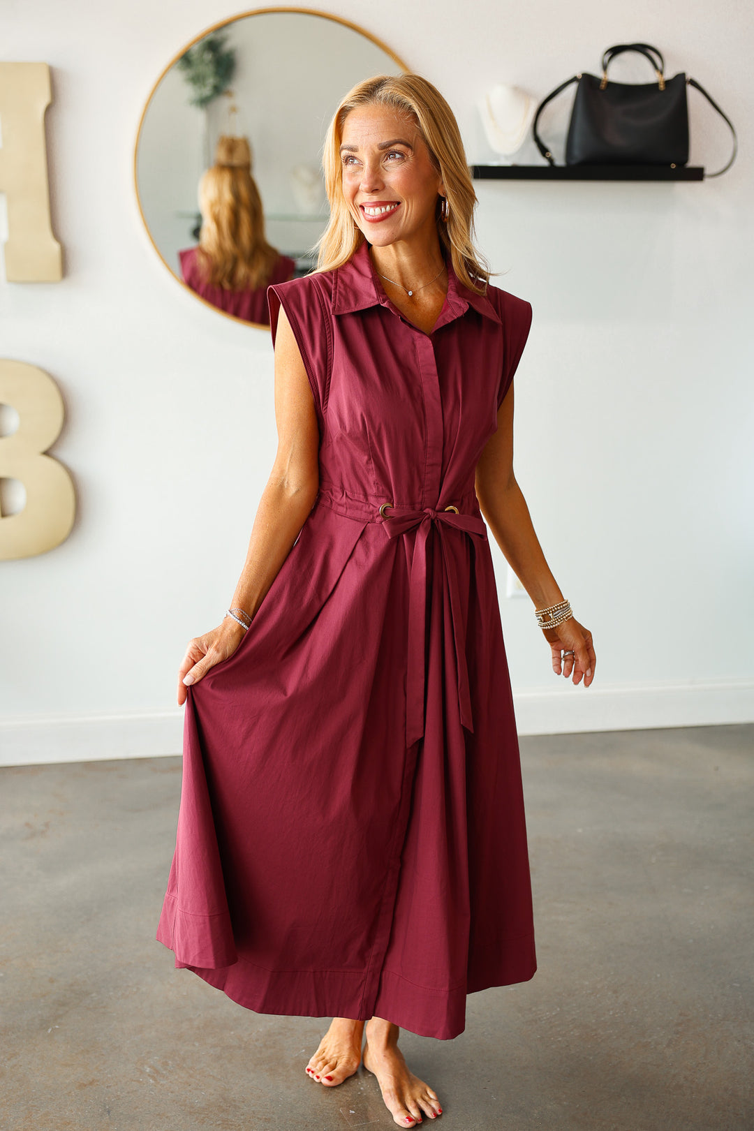 Tie Waist Pleated Dress - Wine