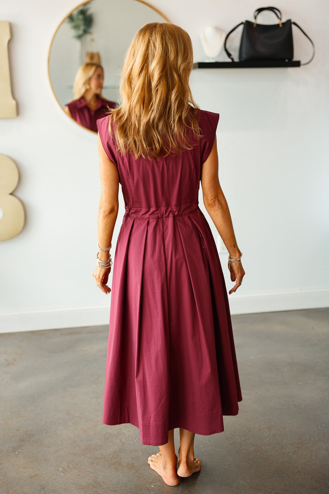 Tie Waist Pleated Dress - Wine