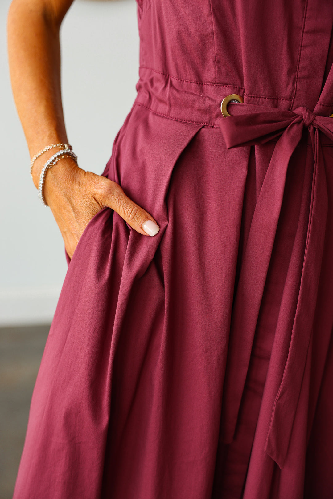Tie Waist Pleated Dress - Wine