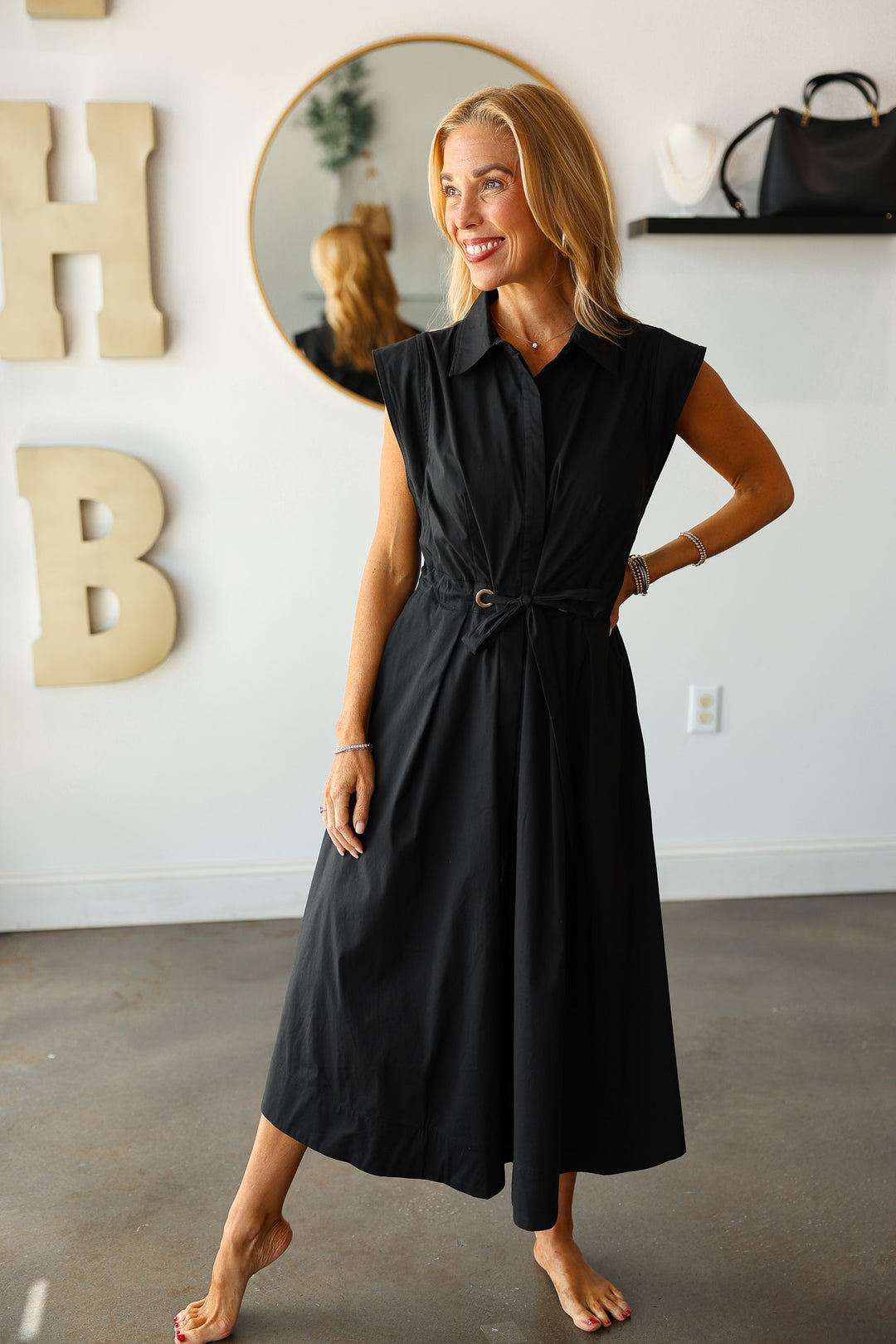 Tie Waist Pleated Dress - Black