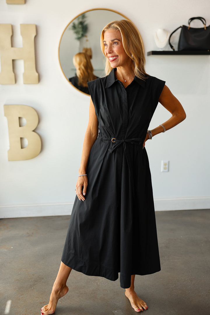 Tie Waist Pleated Dress - Black