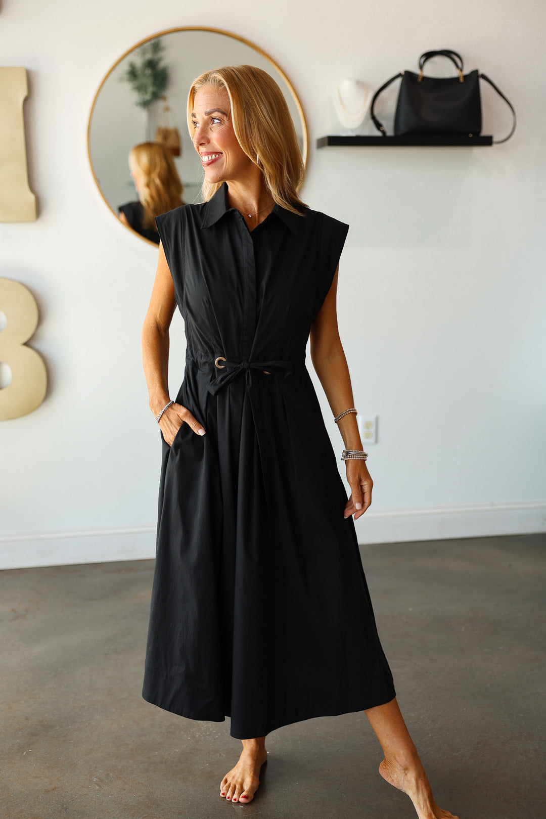 Tie Waist Pleated Dress - Black