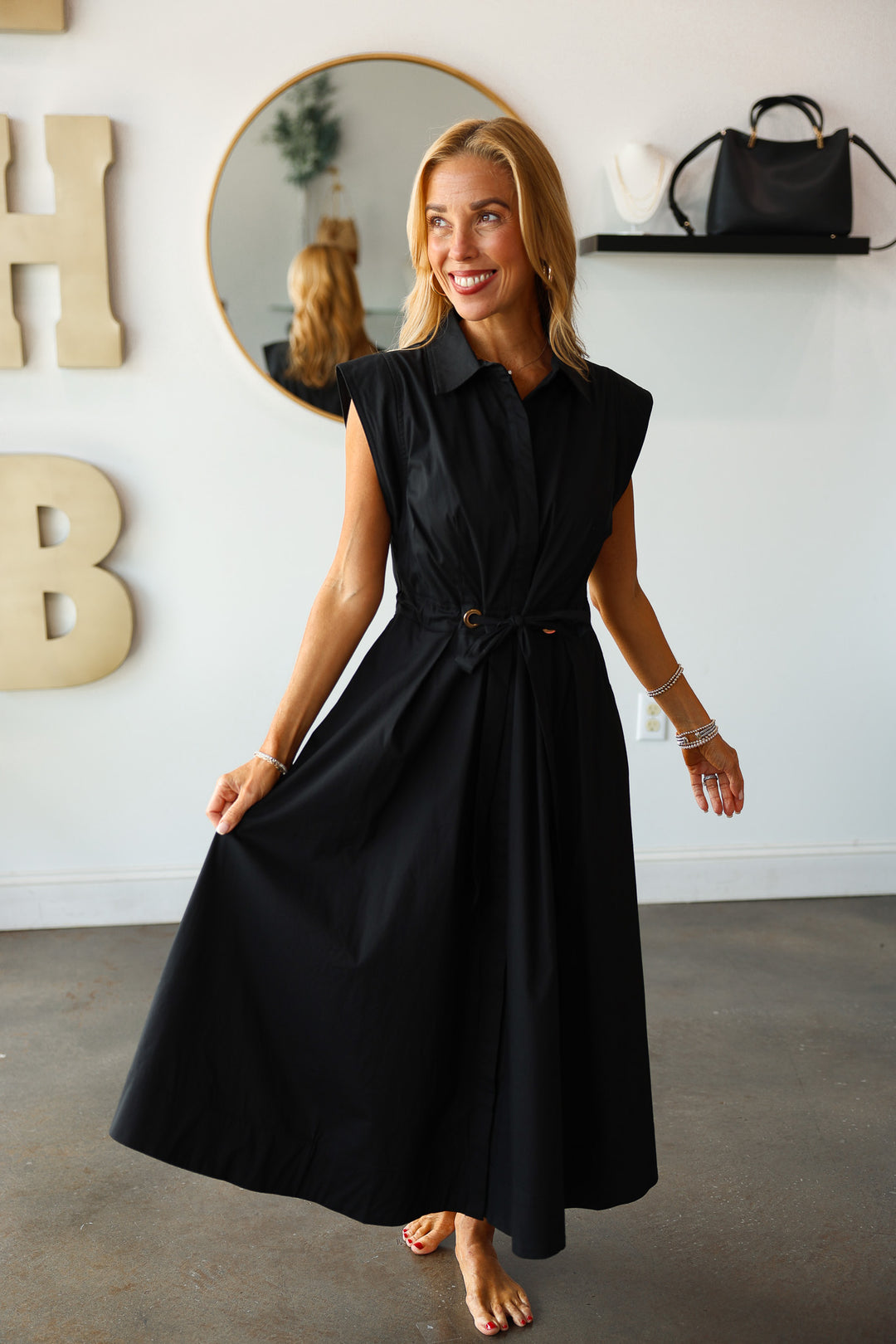 Tie Waist Pleated Dress - Black
