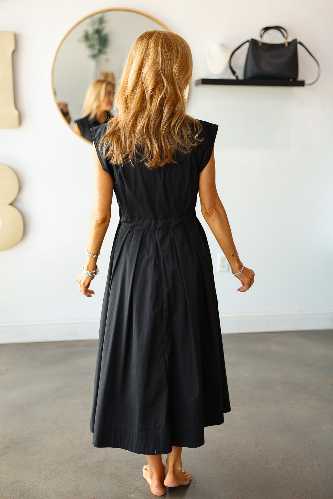 Tie Waist Pleated Dress - Black
