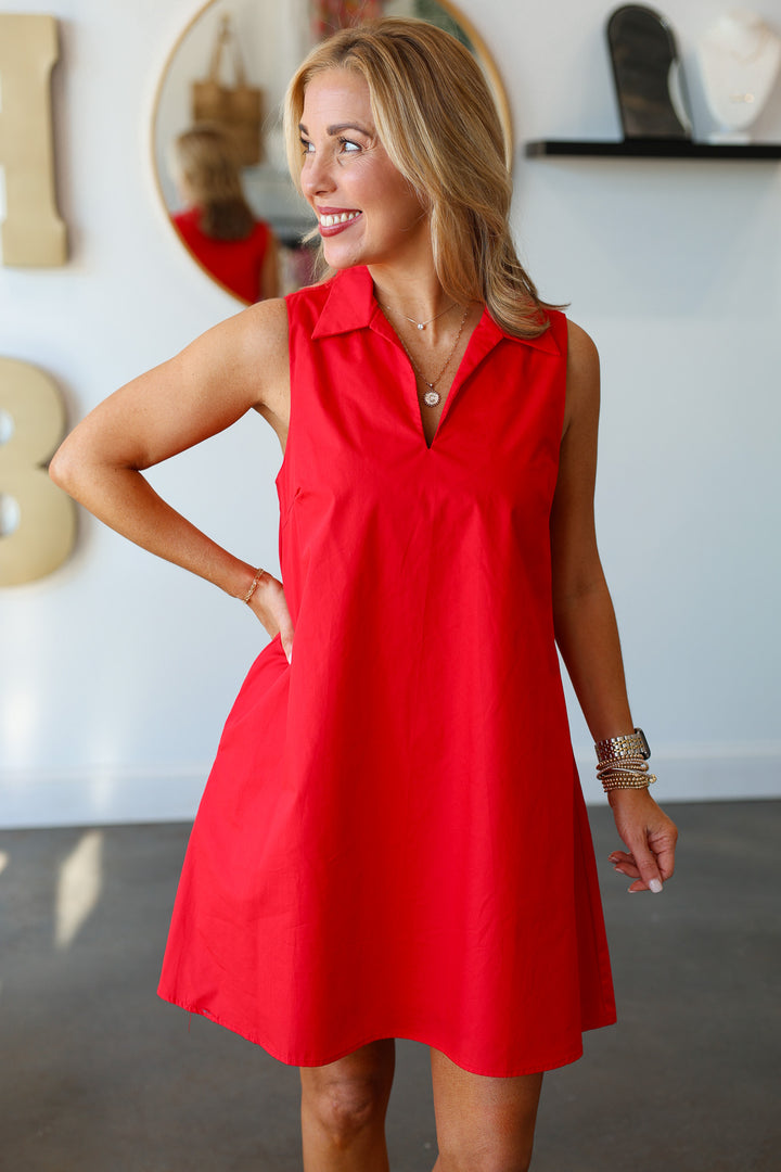 Poplin Collar Shift Dress - Red