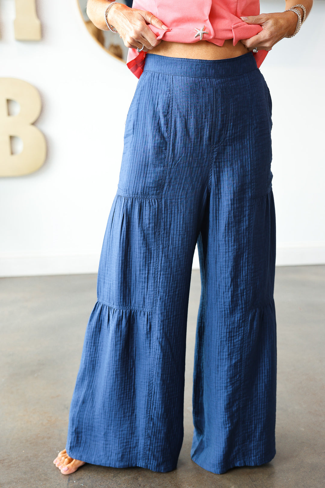 Wide Leg Tiered Pants - Navy