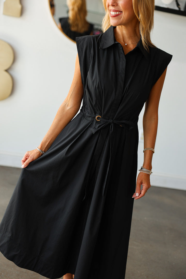 Tie Waist Pleated Dress - Black