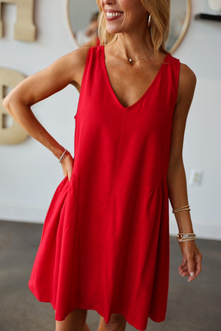 Drop Waist Mini Dress - Red