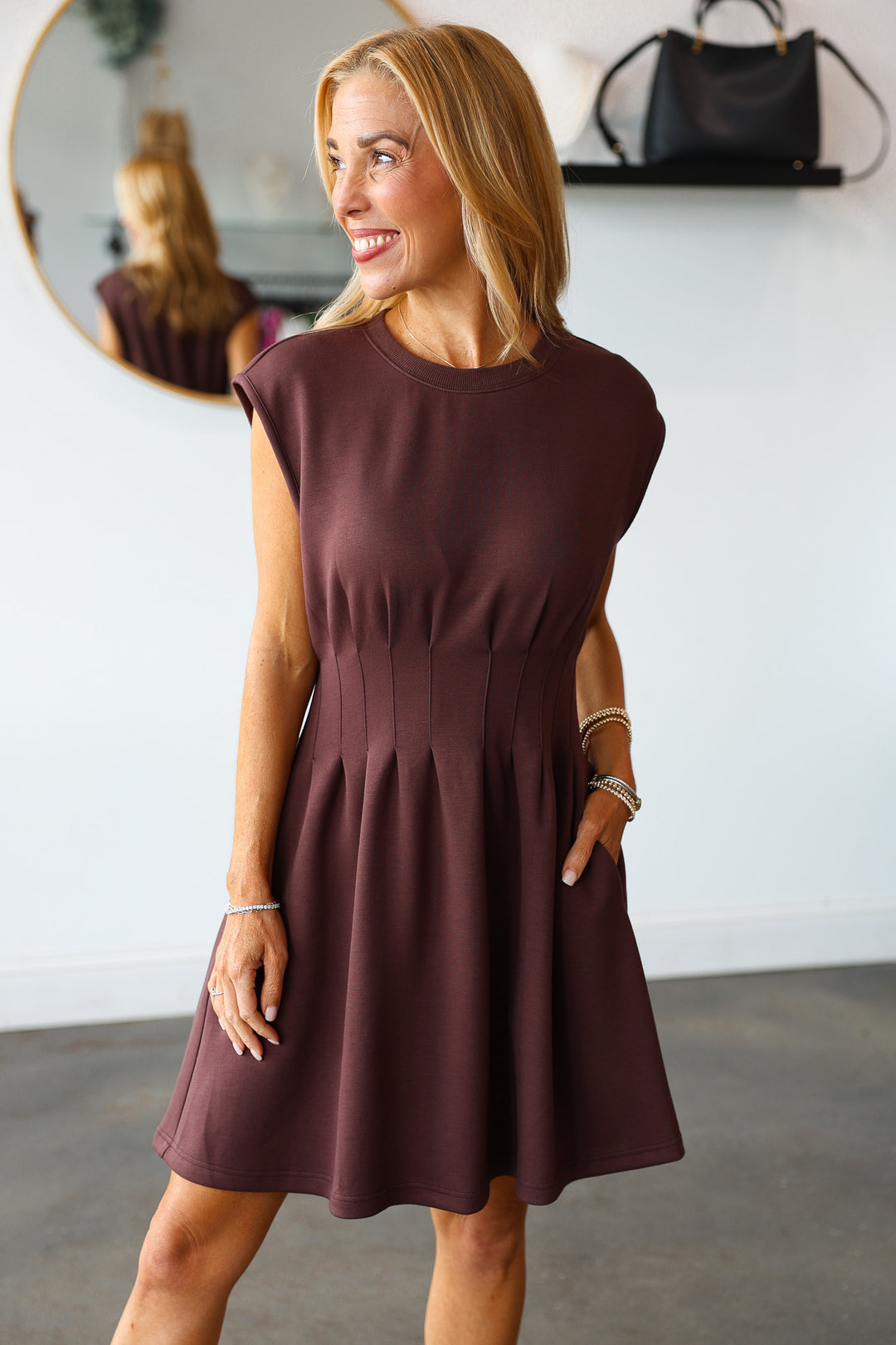 Cinched Waist Dress - Brown