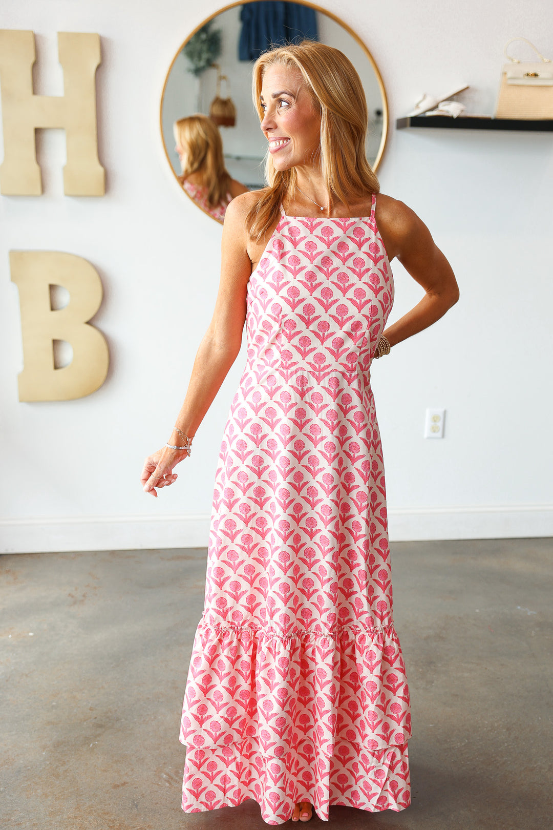 Floral Print Halter Maxi Dress - Pink