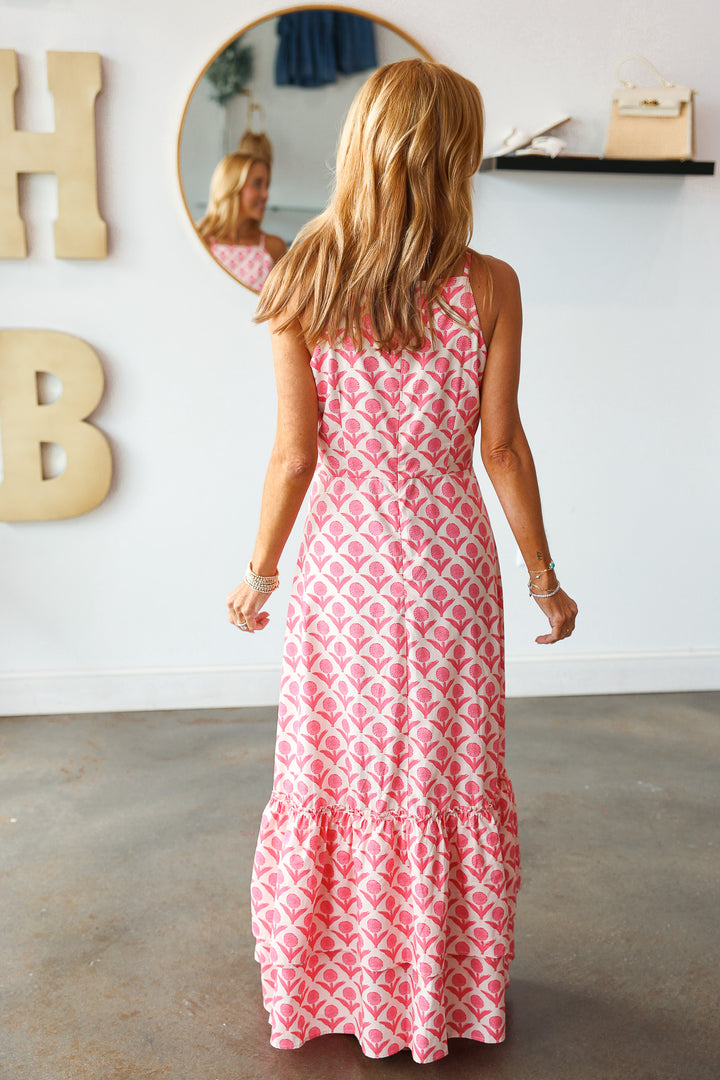 Floral Print Halter Maxi Dress - Pink