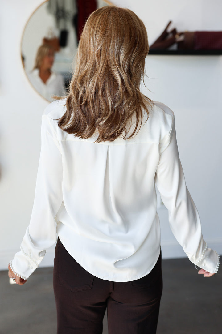 Pearl Trim Satin Button Down - White