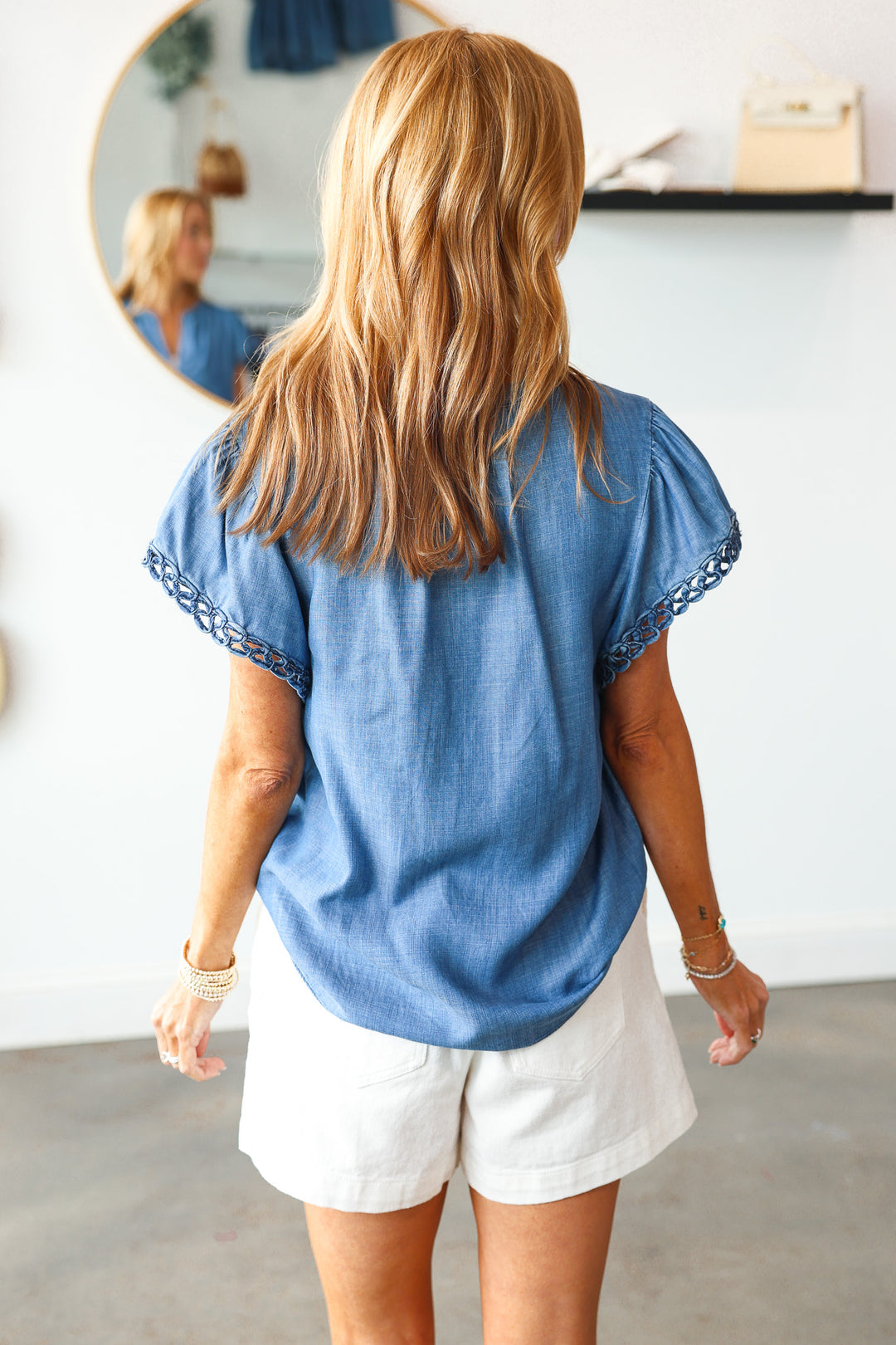 Embroidered Sleeve Top - Chambray