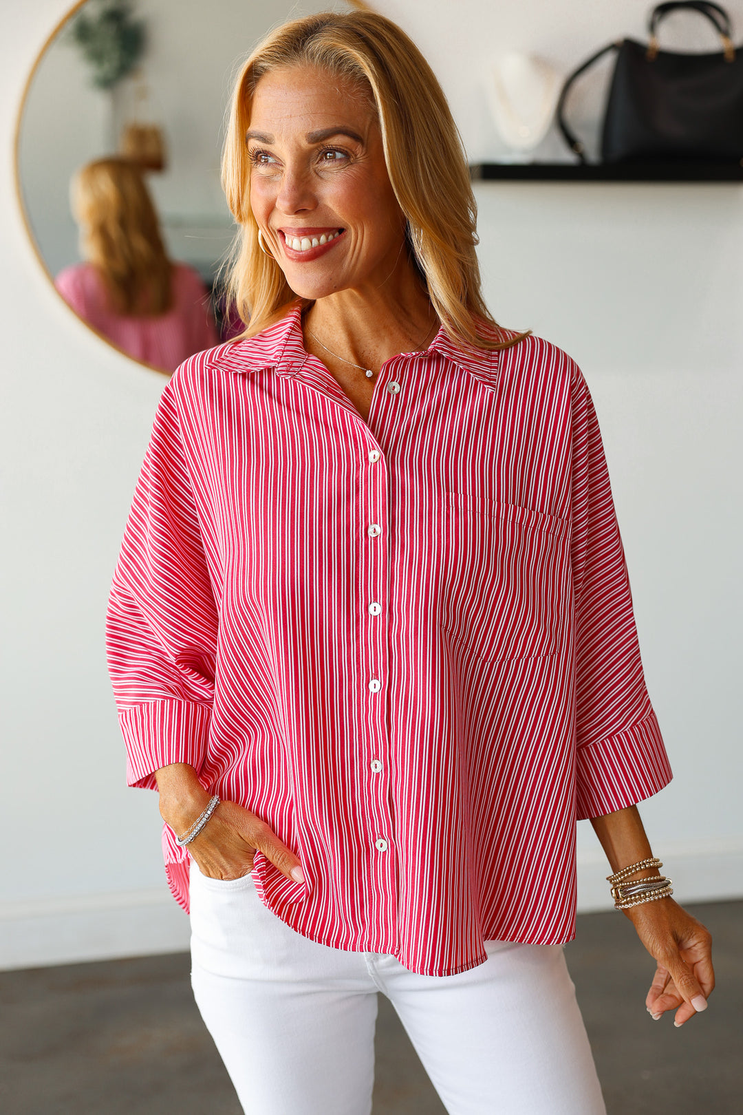 Striped Button Down Top - Red