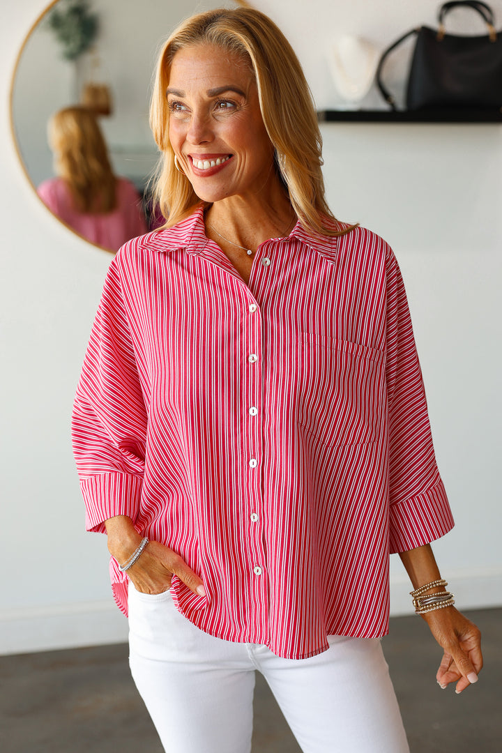 Striped Button Down Top - Red