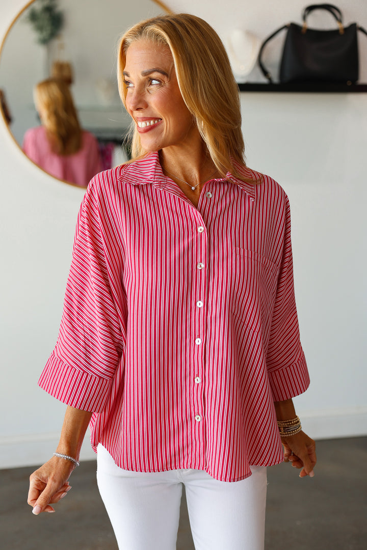 Striped Button Down Top - Red