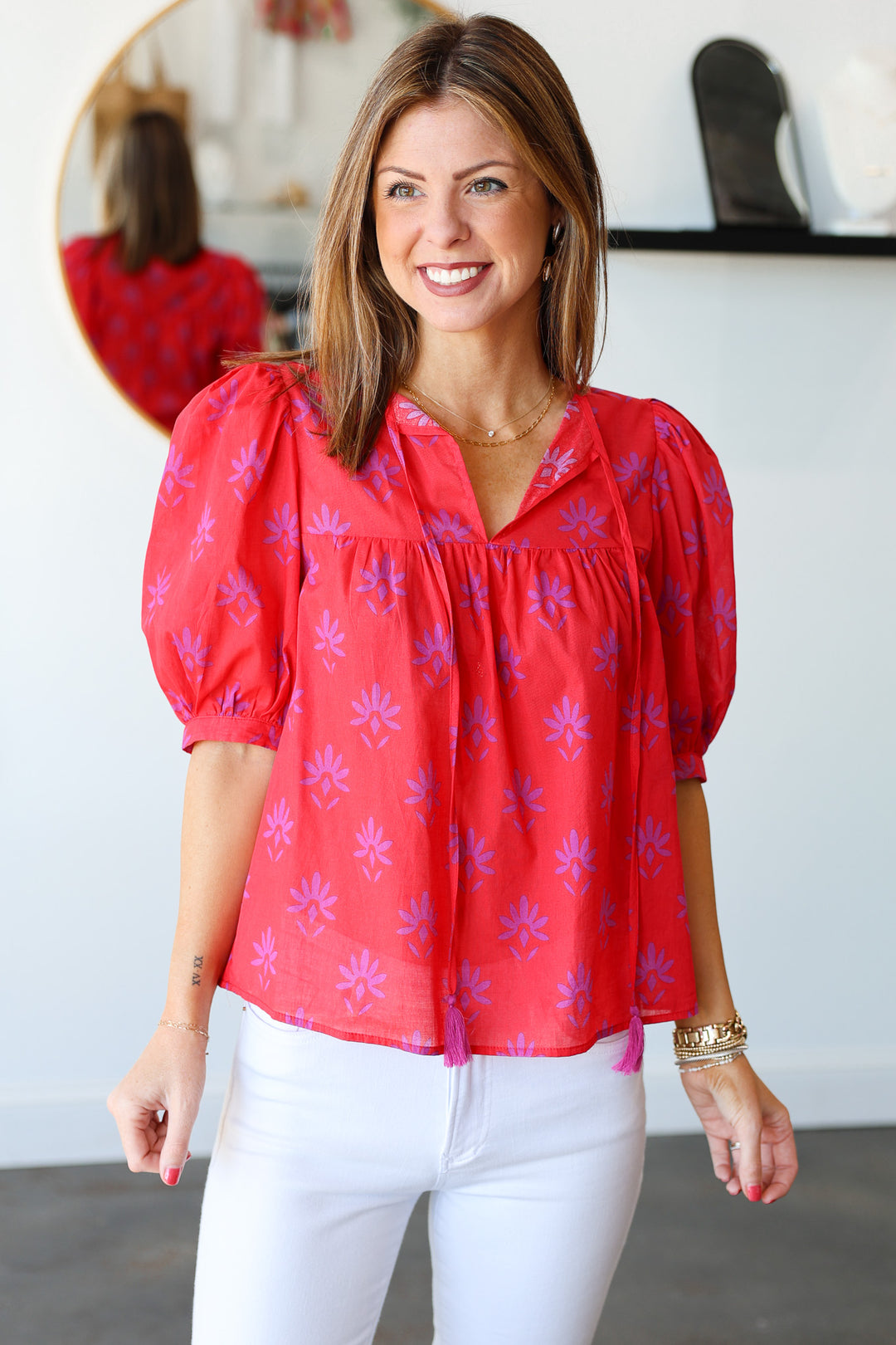 Printed Tie Front Top - Red