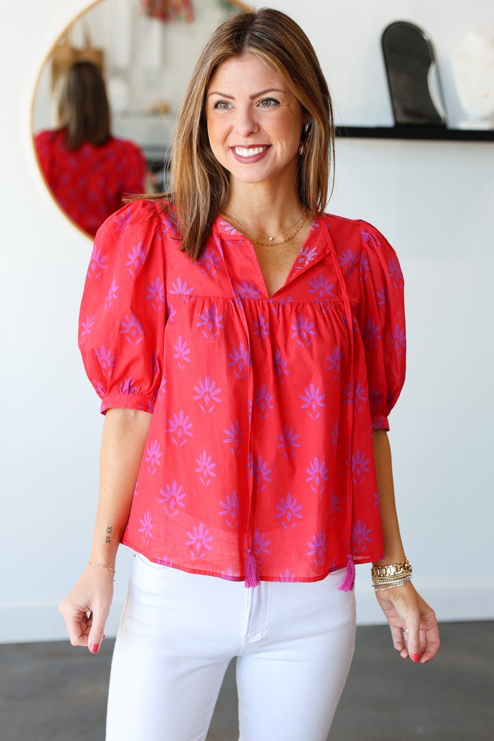 Printed Tie Front Top - Red