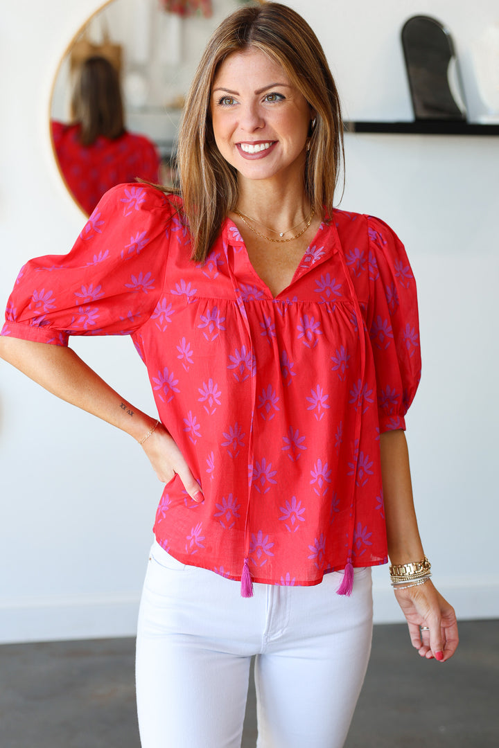 Printed Tie Front Top - Red